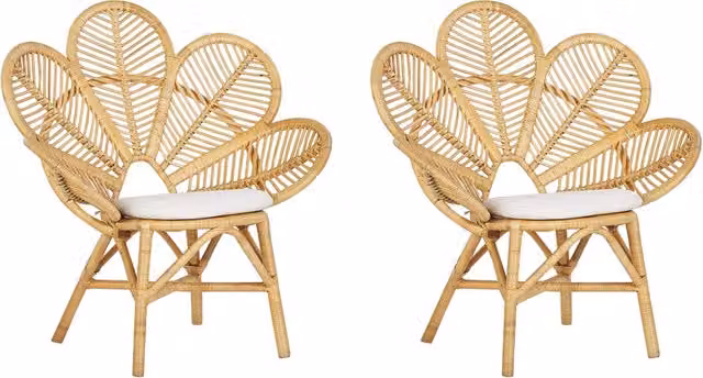 Set di 2 sedie in rattan BELIANI stile boho con cuscini in cotone colore beige e marrone per giardino e interni