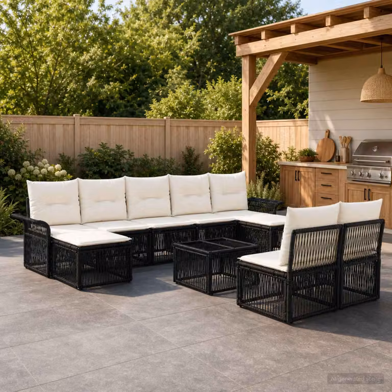 Set Divano da Giardino vidaXL 10 Pezzi Moderno a Forma di L in Polyrattan Nero con Tavolino, Elementi Angolari, Ottoman e Cuscini Imbottiti