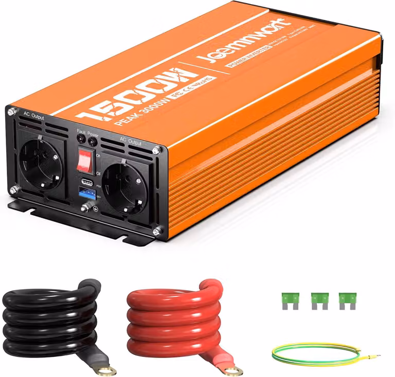 Convertitore di tensione, 1500 W, convertitore con onda sinusoidale modificata, da 12 V a 230 V, potenza di picco 3000 W, ideale per laptop, tablet, smartphone e altri dispositivi