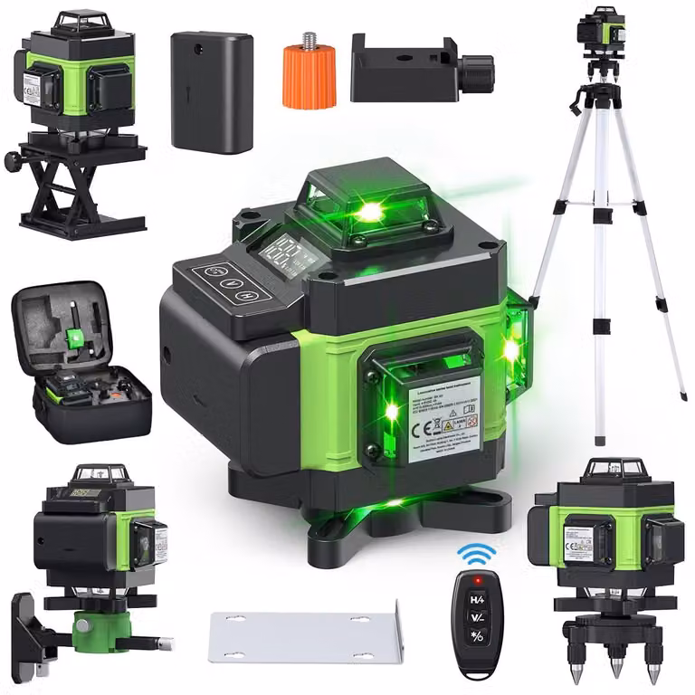Livella laser a raggio verde con 4 linee a 360° - Portata di 20 metri - Include treppiede