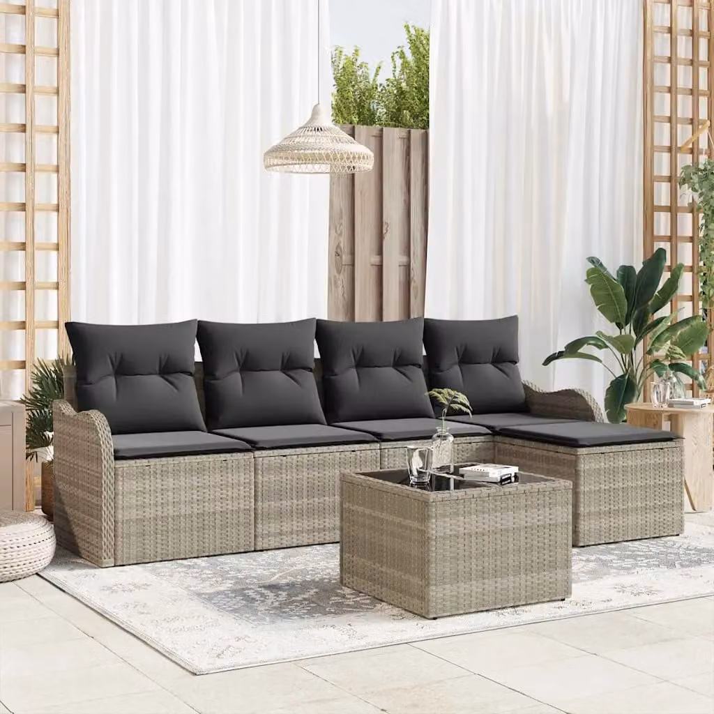 Set Divano da Giardino vidaXL 6 Pezzi a Forma di L Grigio con Tavolino e Pouf in Polyrattan e Acciaio Verniciato a Polvere – 1