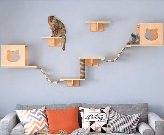 Ibenzoa® – Parete da arrampicata per gatti in legno di pino, set modulare da parete con 2 casette, 4 pali per arrampicata, 1 tiragraffi (corda di cotone) e ripiani