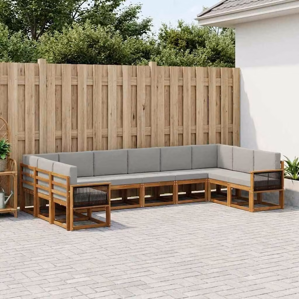 Set di divani da esterno vidaXL a forma di L in legno di acacia con cuscini, Naturale e Grigio Chiaro