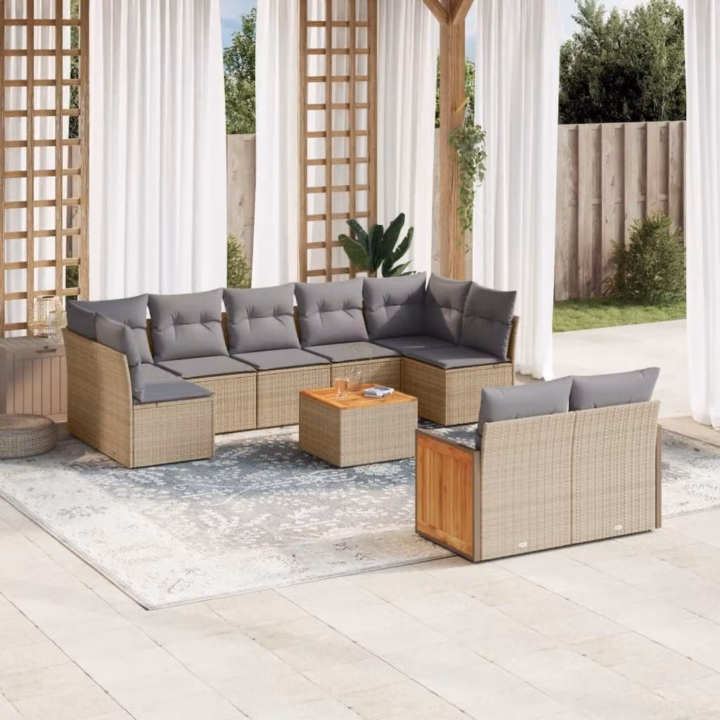 vidaXL Set Divano da Giardino 10 pz in Polyrattan con Cuscini Beige e Grigio e Tavolino da Caffè – 1