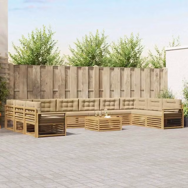 Set di divani da giardino a L con tavolo vidaXL in legno di acacia marrone e beige con cuscini inclusi