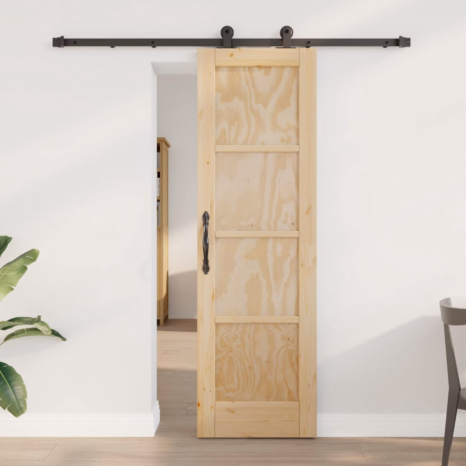 Porta scorrevole moderna vidaXL in legno e acciaio, Naturale e Nero, H: 198,5 cm x L: 183,0 cm x P: 14,0 cm