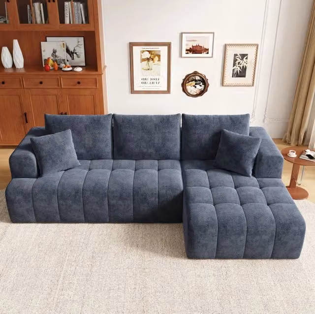 Divano angolare modulare basso in ciniglia blu; 244;5 x 136 x 79 cm; con 2 cuscini