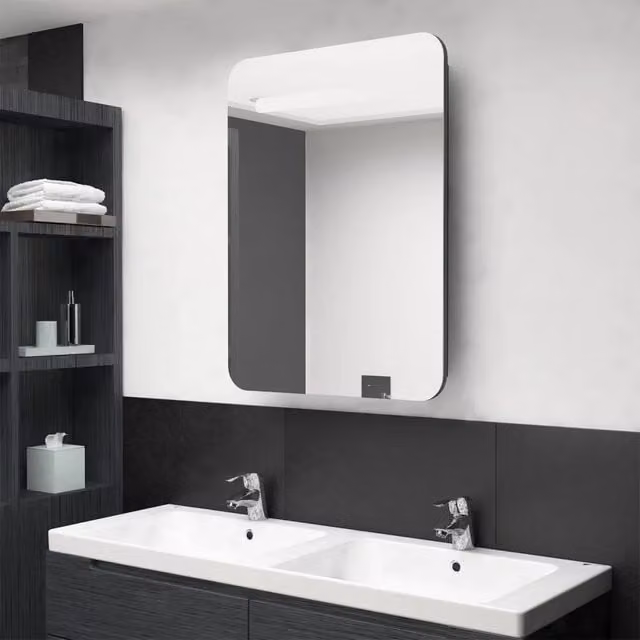 Armadietto da bagno con specchio e illuminazione LED vidaXL, Grigio, L: 60 cm, P: 11 cm, H: 80 cm – 1