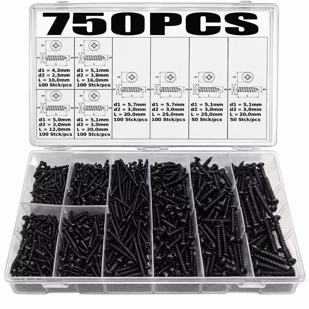 Assortimento di 750 viti autofilettanti per lamiera, testa tonda, nere, diametro 2,5–4,0 mm