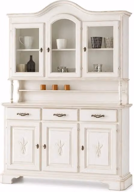 Cristalliera classica Mobili 2G in legno shabby chic bianco con ante in vetro e decoro a spiga L: 163 cm, P: 49 cm, H: 228 cm – 2