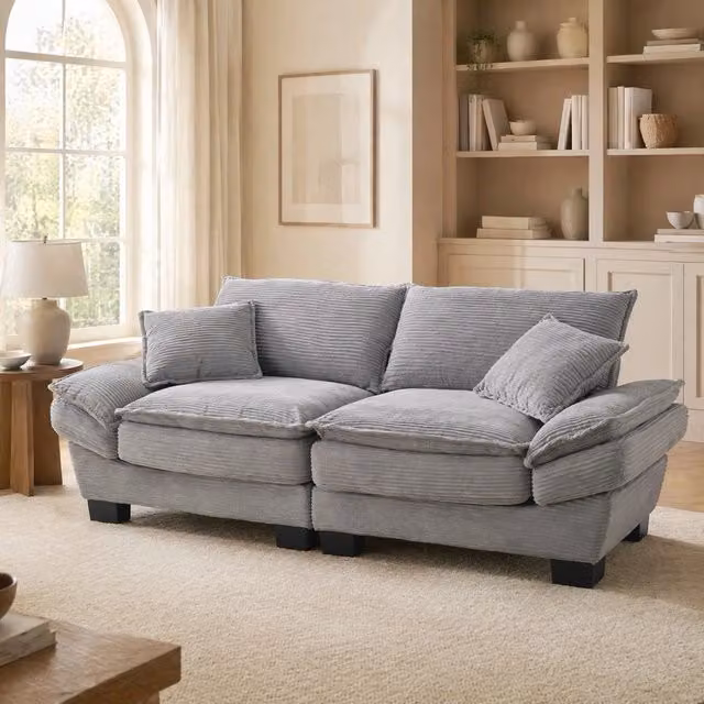 Divano 2 posti in velluto grigio chiaro con seduta profonda; 224 x 81 x 81 cm