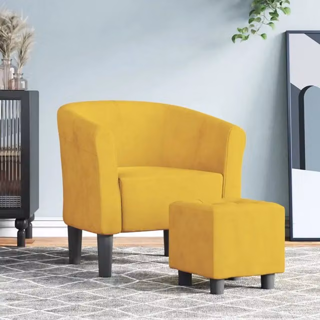 Poltrona con poggiapiedi vidaXL in velluto giallo e legno con design moderno per soggiorno o camera da letto L/P/H: 70 x 68 x 56 cm – 1