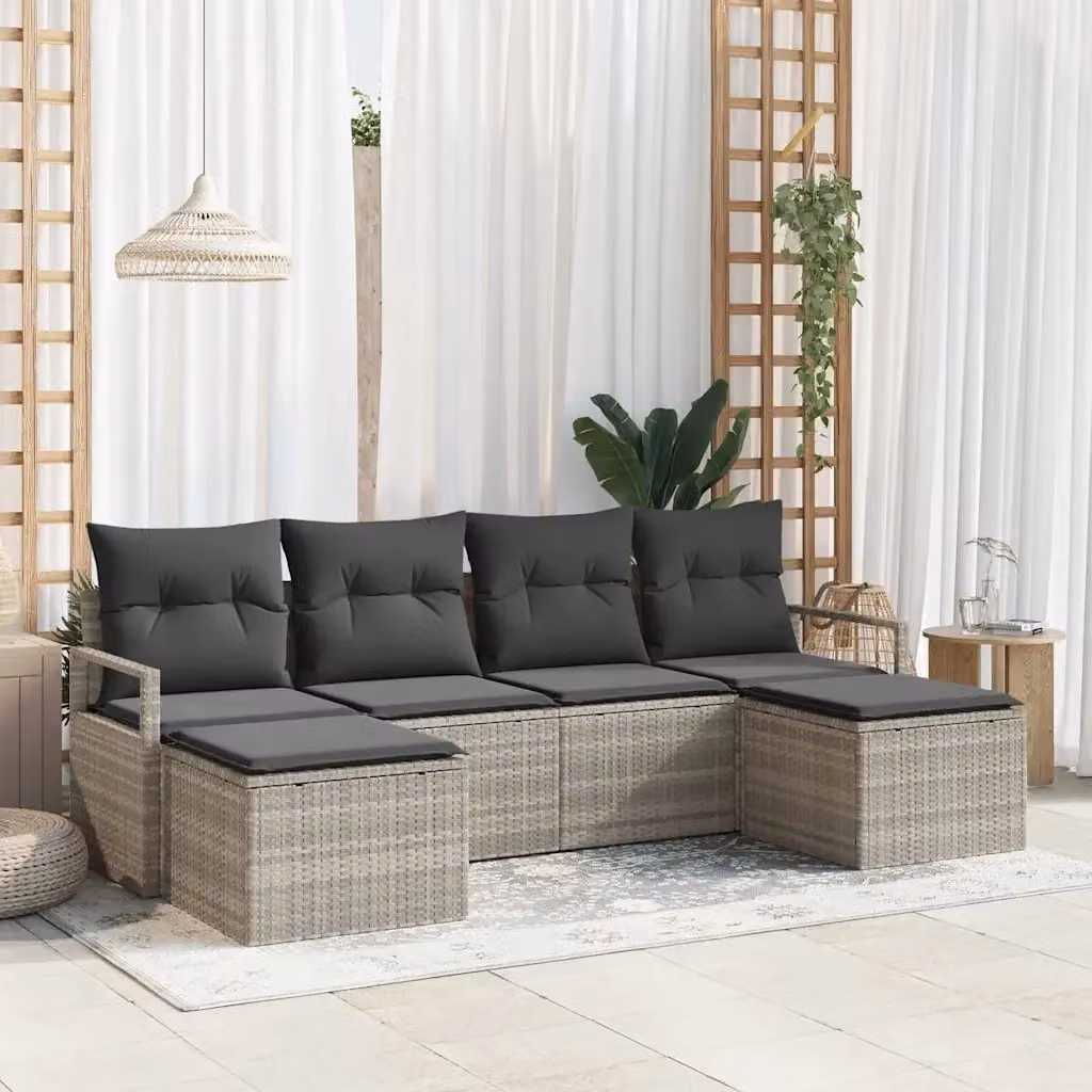 Set di salotto da giardino moderno DESIGN IN composto da 6 pezzi in polyrattan grigio chiaro con cuscini inclusi – 2