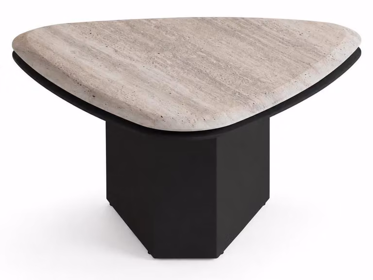 Tavolino robusto, nero, stabile, a forma triangolare, in legno massello, dal design semplice e minimalista