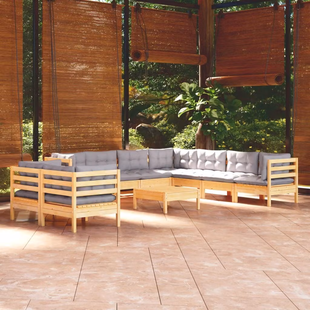 The Living Store Set da giardino da 10 pezzi con cuscini grigi in legno di pino massiccio