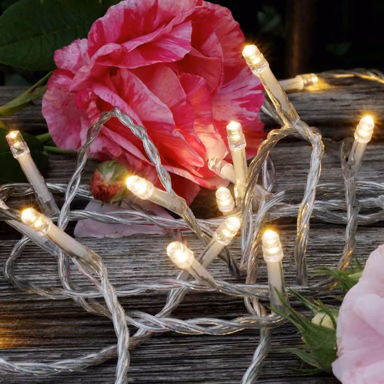 Catena luminosa a LED con 120 luci bianche calde, lunghezza 11,9 metri, con timer, cavo trasparente