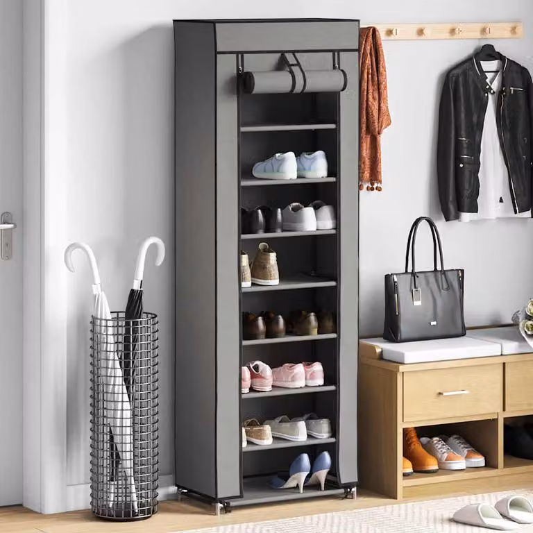 Scarpiera moderna vidaXL con rivestimento in tessuto e struttura in metallo, Grigio, L: 57 cm, P: 29 cm, H: 162 cm