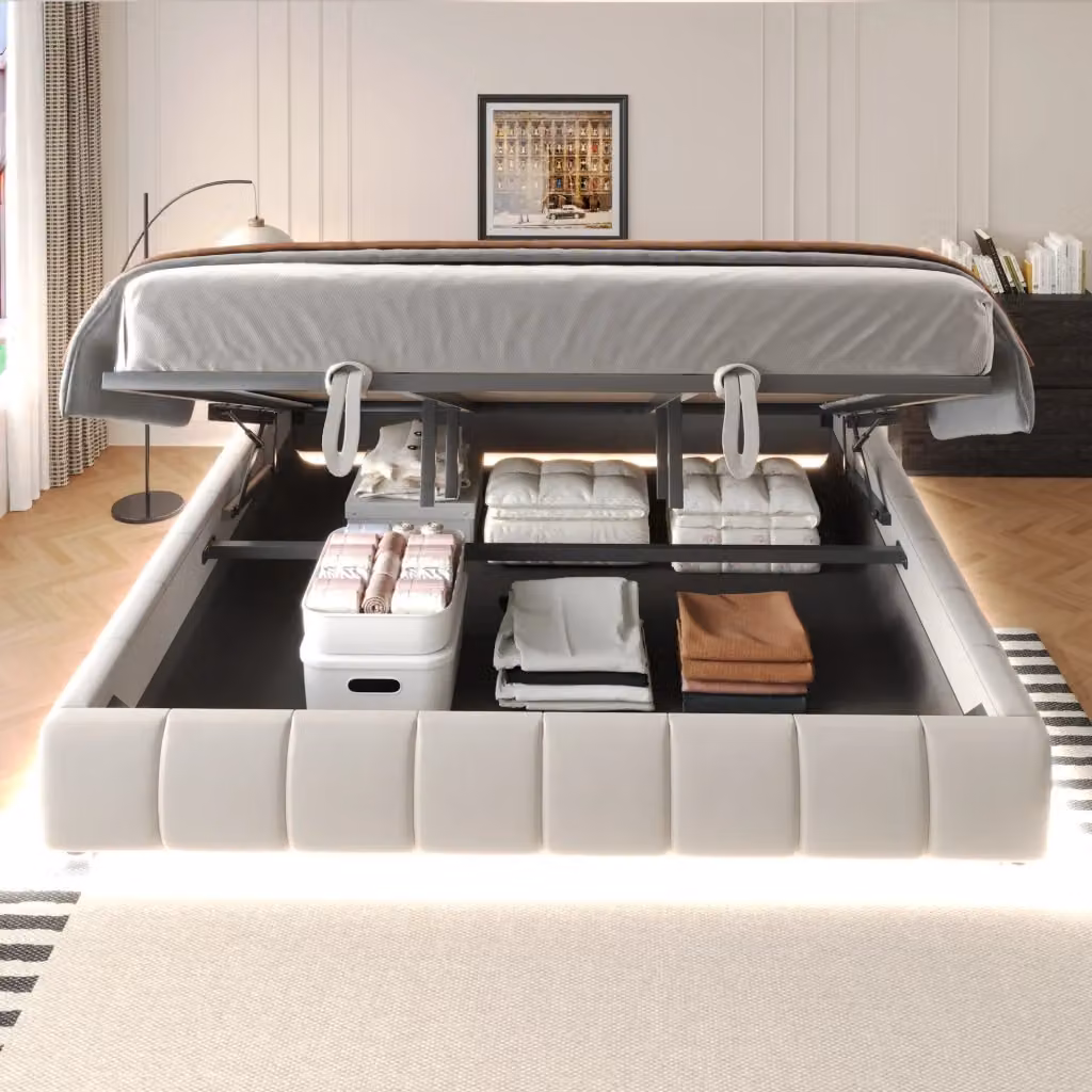 Letto contenitore matrimoniale OKWISH in tessuto beige con luce LED sottostante e sistema di sollevamento idraulico L/P: 180 x 200 cm – 2