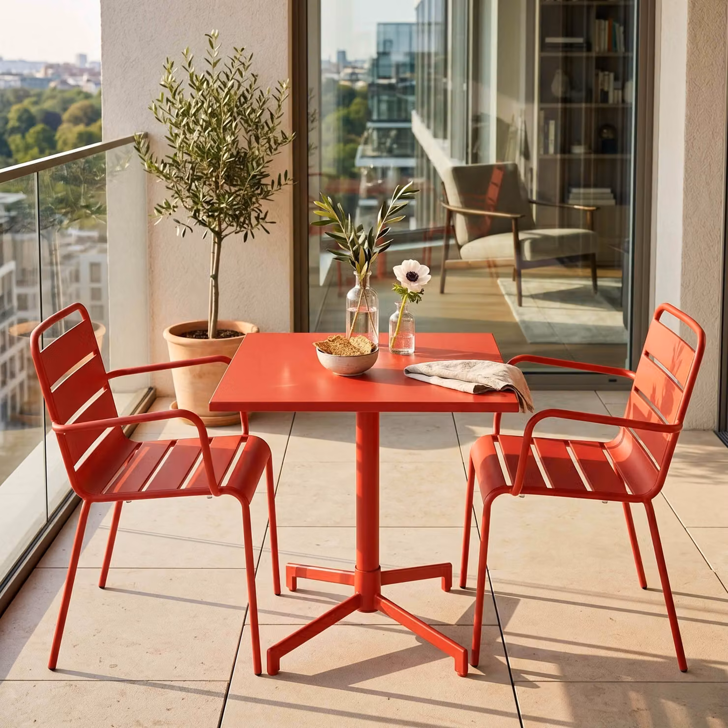 Set di tavolo da 70 cm e 2 sedie da giardino in metallo rosso - Oviala Palavas
