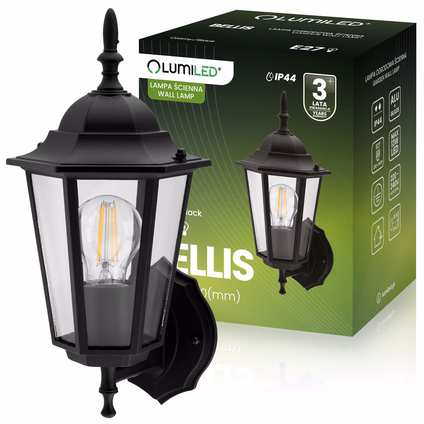LUMILED Lanterna da parete per esterni Vintage Up 230V Lampada da parete Classica Nero Vetro Alluminio IP44 Presa E27, Giardino Esterno Esterno