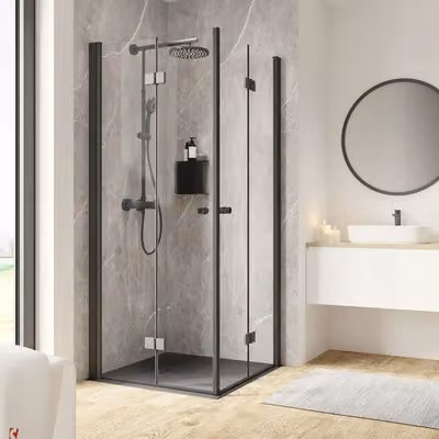 SCHULTE Porta angolare a battente con anta a ribalta, modello Garant 2.0 ExpressPlus, dimensioni 100 x 100 x 200 cm, profilo nero, vetro trasparente, trattamento anti-sporco