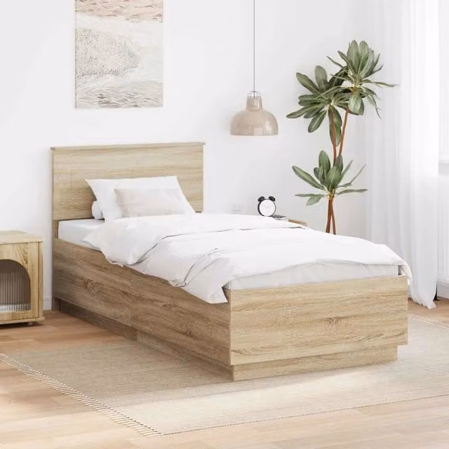 Struttura letto con testiera in legno MDF marrone design minimalista L 90 x P 190 cm