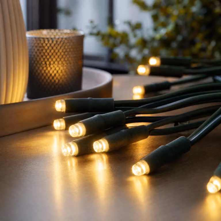 Catena luminosa con 10 LED, lunghezza 1,35 metri, luce bianco caldo, cavo verde, per uso interno