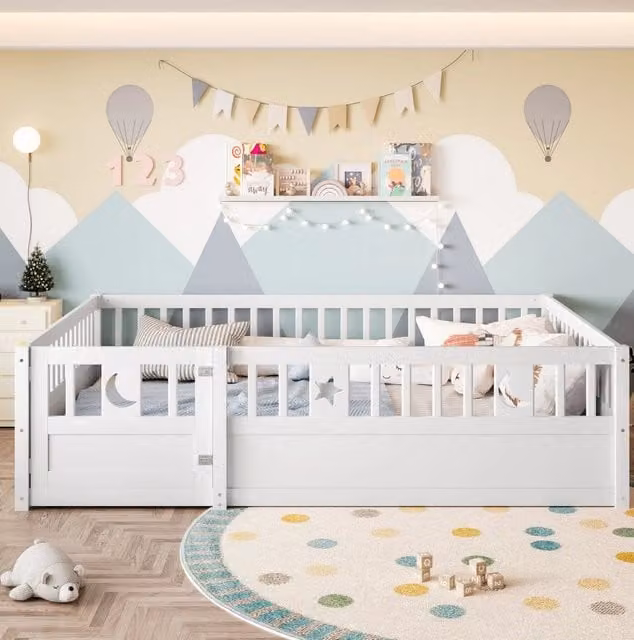 Letto per bambini ULEVR 140x190 cm con sponde di sicurezza richiudibili, decorazioni stella e luna, bianco