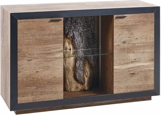 Credenza BELIANI in legno MDF nero e marrone con illuminazione LED integrata e vetro, stile rustico per soggiorno o camera da letto, L: 120 cm, P: 42 cm, H: 75 cm