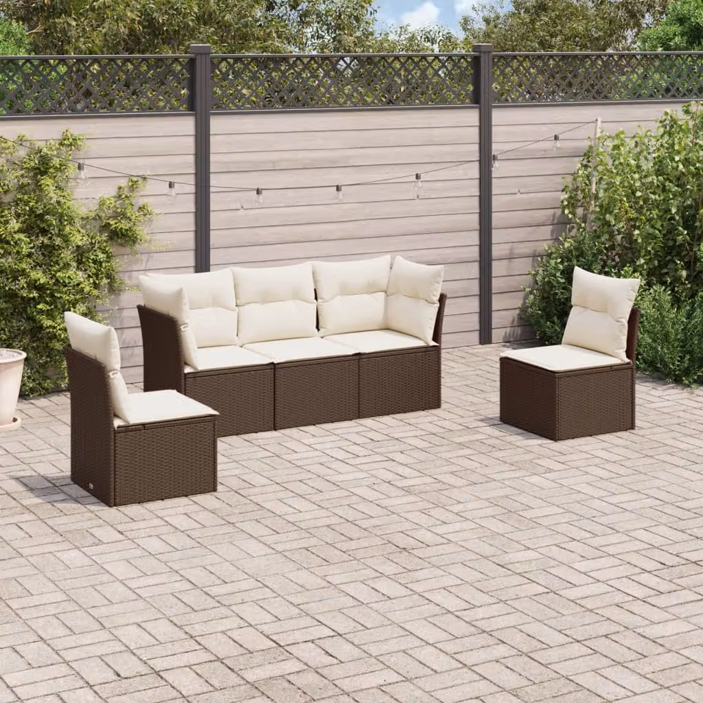 Set Divano da Giardino vidaXL 5 pz a L in Polyrattan Marrone con Cuscini Imbottiti e Rivestimenti Rimovibili – 1