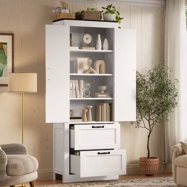 Armadio alto da cucina stile country, 60x30x168 cm, bianco, con 2 ante e 2 cassetti, ripiani regolabili