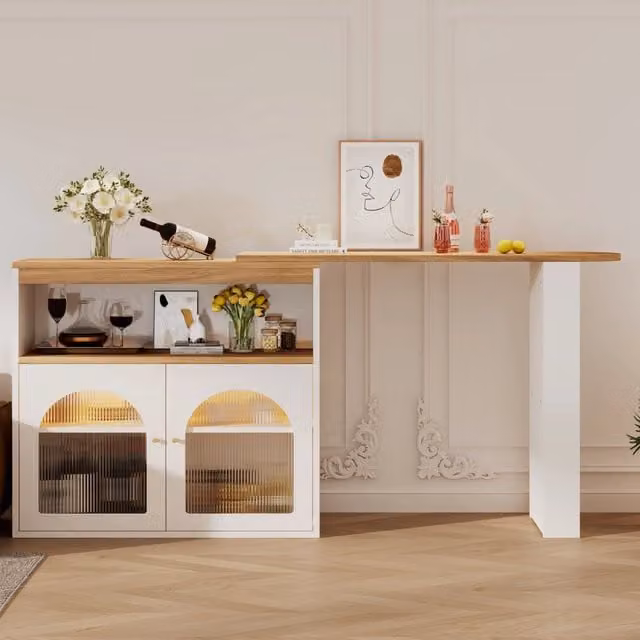 Tavolo da bar estensibile girevole con ripiani e luce LED regolabile per sala da pranzo bianco 138 × 39 × 105 cm