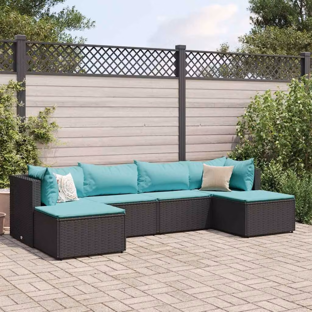 vidaXL Set di Mobili da Giardino a L con Cuscini Blu e Nero, 6 Pezzi in Polyrattan e Acciaio Verniciato a Polvere – 1