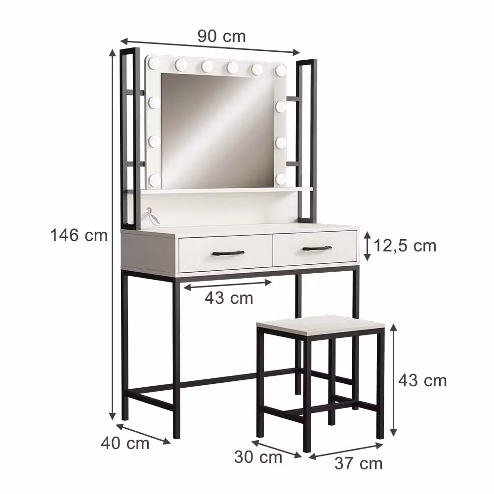 Tavolo da toilette Luvia Vicco Bianco con illuminazione a LED e sgabello L/P/H: 90 x 40 x 76,7 cm – 2