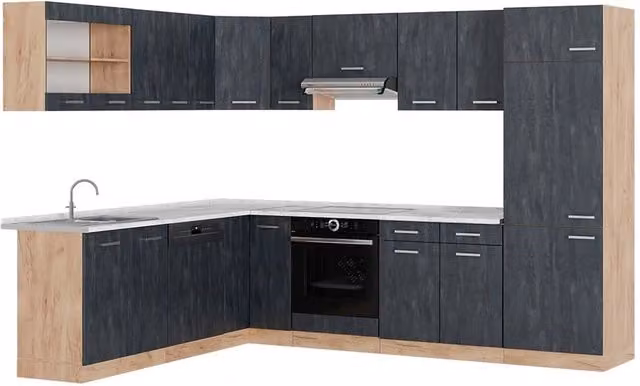 Cucina angolare completa R-Line Vicco in Calce nera e Rovere dorato 287 x 227 cm – 1