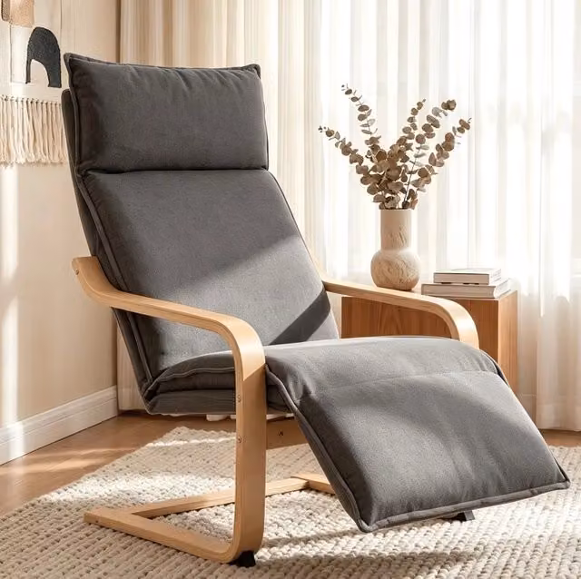 Poltrona a dondolo 90x67x105 cm in poliestere grigio scuro con poggiapiedi –