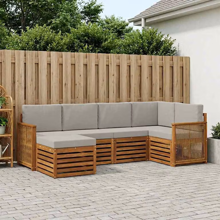 Set di divani da esterno vidaXL 5 pz in legno di acacia con cuscini, forma a L, colori beige e grigio chiaro