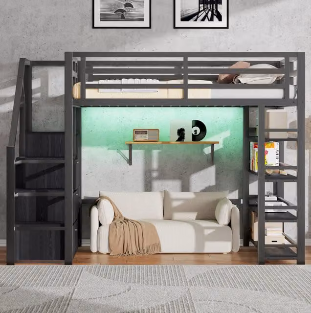 Letto a soppalco 140x200 cm in metallo e MDF; nero; con LED; guardaroba e scala contenitore