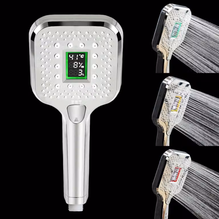 Testina doccia a LED con indicatore di temperatura, flusso e consumo, 3 modalità, alimentata a batteria