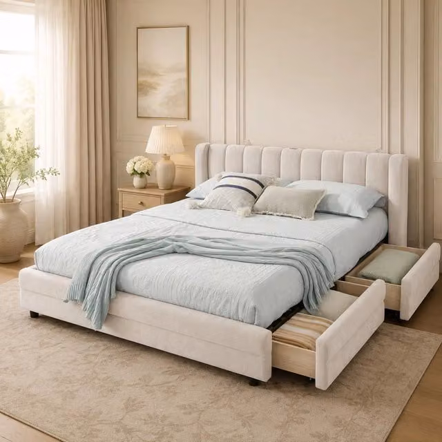 Letto matrimoniale 140x200 cm con 4 cassetti; porta USB; in chenille beige