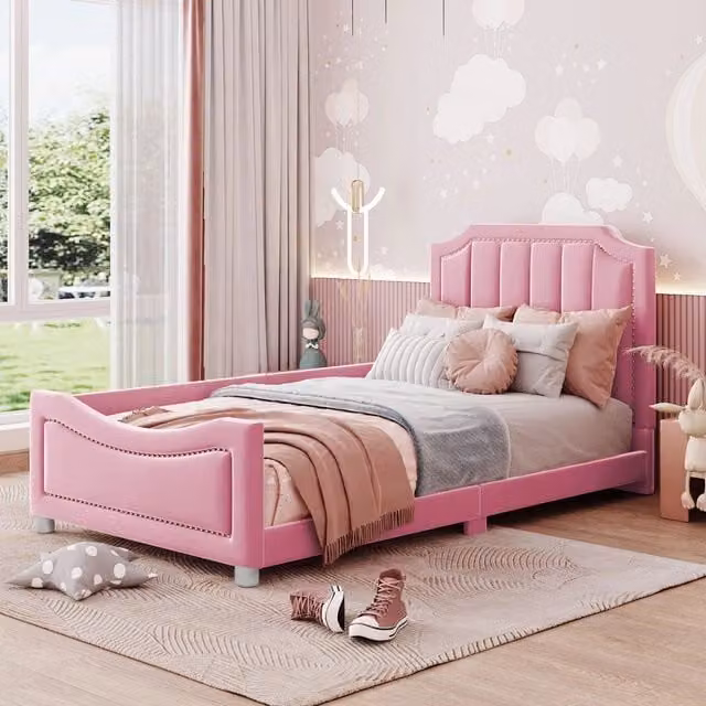 Letto singolo imbottito 90 × 200 cm con rete a doghe rosa in flanella con schienale e braccioli