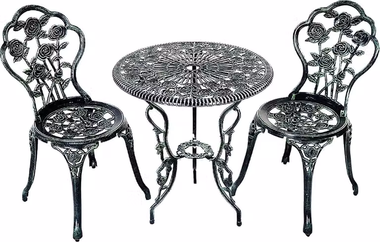 Set da bistrot in 3 pezzi, tavolo da bistrot con 2 sedie, set di mobili da giardino in alluminio, set da giardino e da balcone in stile antico, tavolo da giardino rotondo, set di mobili da balcone, salottino da giardino con 2 pouf, verde bronzo per estern