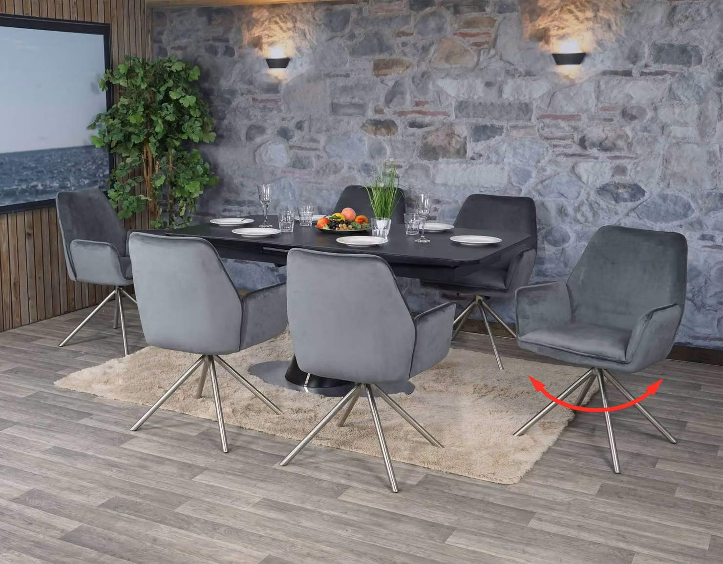 Set da 6 sedie da pranzo MCW-G67, sedia da cucina con braccioli, girevole con posizione automatica, velluto MVG ~ grigio scuro, acciaio inossidabile