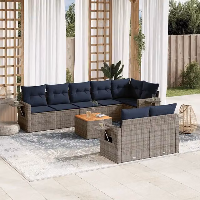 Set Divani da Giardino 9 pz con Cuscini Grigio in Polyrattan 3224654
