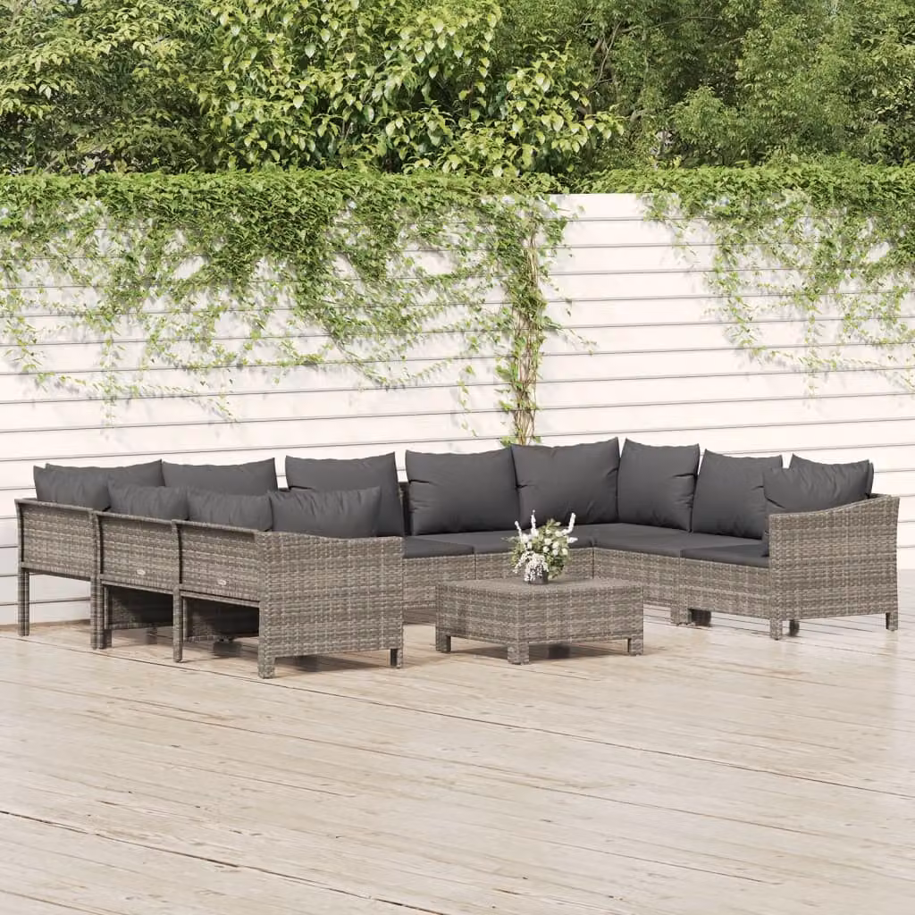 Set di divani da giardino vidaXL in rattan grigio con cuscini, composizione a forma di U con elementi angolari e pouf