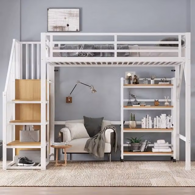 Letto a soppalco ¨C Minimal ¨C 90x200cm metallo legno bianco con guardia sicurezza e armadio salvaspazio