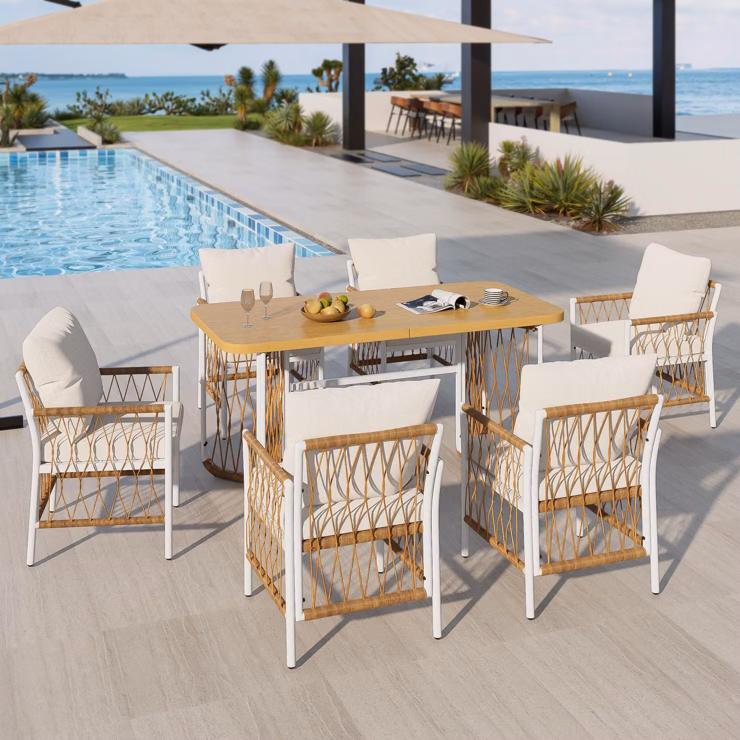 Set di mobili da giardino Flieks da 6 posti, 6 sedie da giardino con tavolo da pranzo, set da giardino da 7 pezzi, set di mobili da esterno in rattan, beige