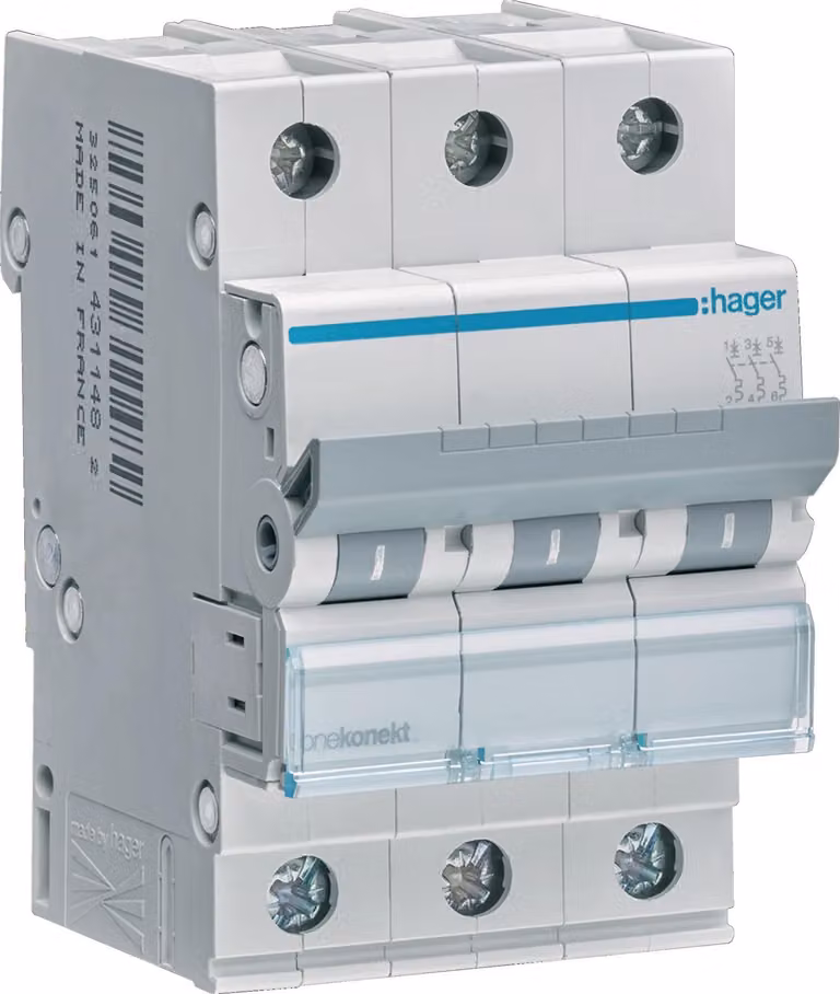 Interruttore LS Hager a 3 poli, 6 kA, caratteristica C, 20 A Hager MCN320, 1 pz.