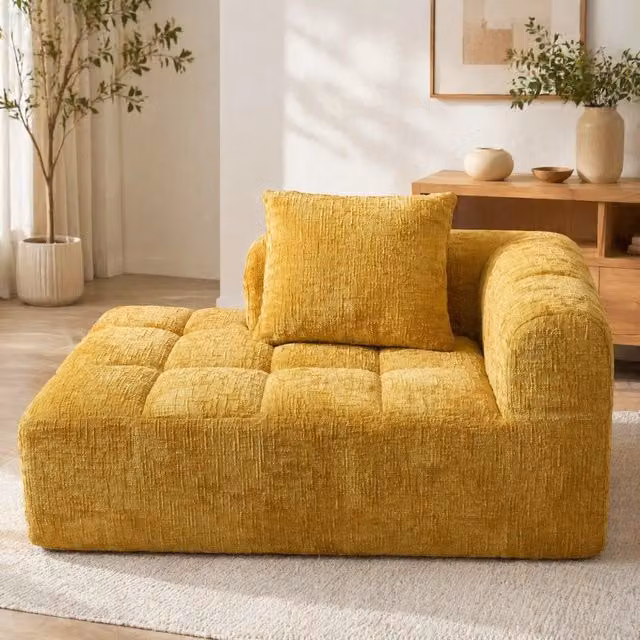 Divano chaise longue in ciniglia con tasche laterali e cuscino; giallo