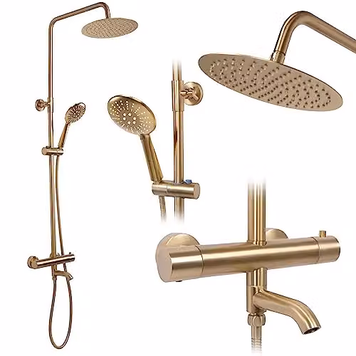 Rea - Colonna Doccia Con Termostato Lungo Gold Brush Sistema Doccia In Ottone Per Bagno (Oro) 45x26,5x117cm